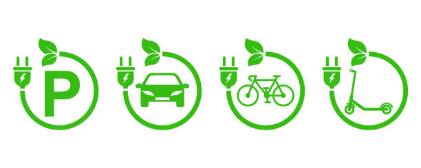 Charging stations vector icons. Charging for bicycle, car and electric scooter. Point eco recharge energy. Charging stations vector icons. Charging for bicycle, car and electric scooter. Point eco recharge energy. Green parking. ev charging stock illustrations