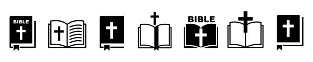 ilustrações, clipart, desenhos animados e ícones de conjunto de ícones vetoriais do livro bíblico. livro de religião. sinal de cristianismo. lendo santo. - bible
