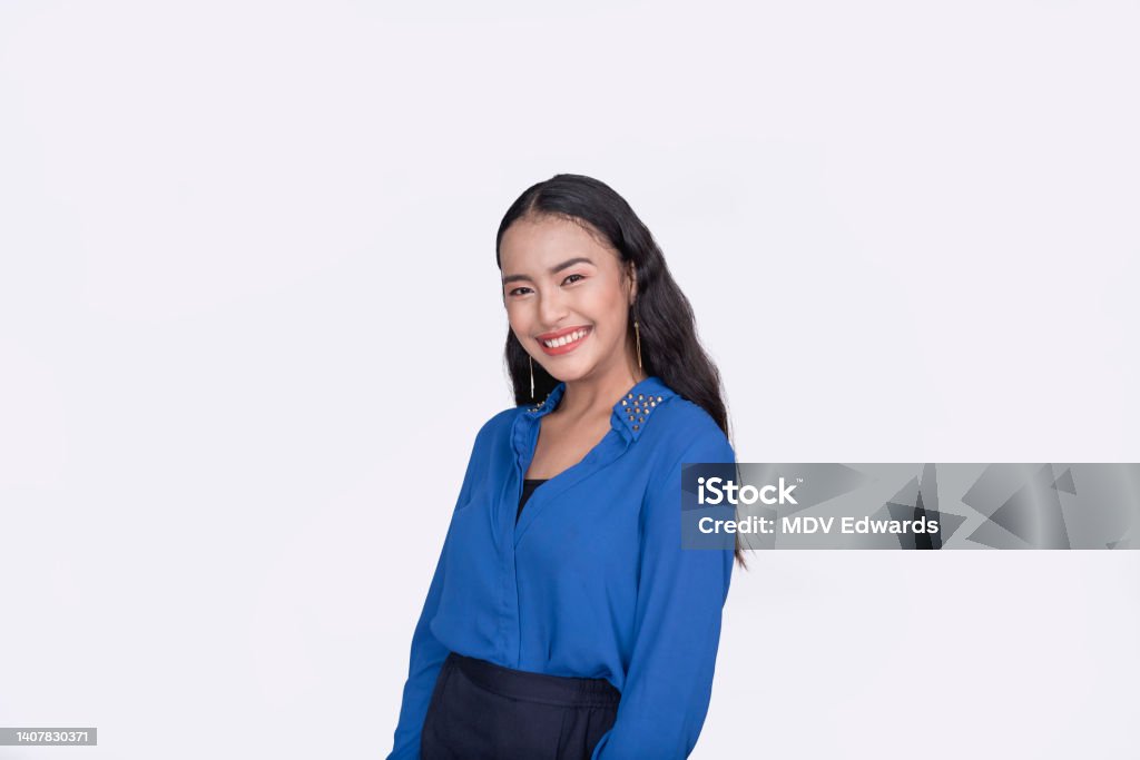 A young asian female office employee feeling glad. Isolated on a white background. Women Stock Photo A young asian female office employee feeling glad. Isolated on a white background. Women Stock Photo