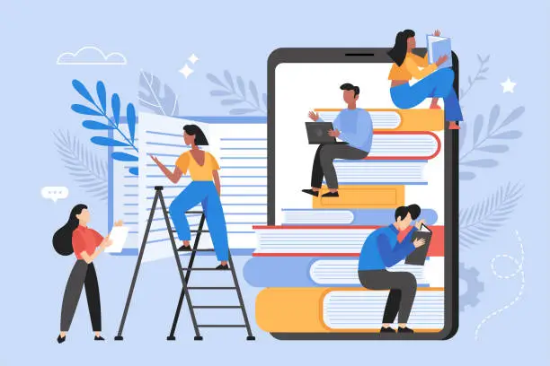 Vector illustration of Online education and e-learning concept. Students reading books on electronic library. Back to school vector illustration