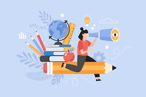 Back to school concept.  School student with books flying on pencil and looking for new education. Vector illustration