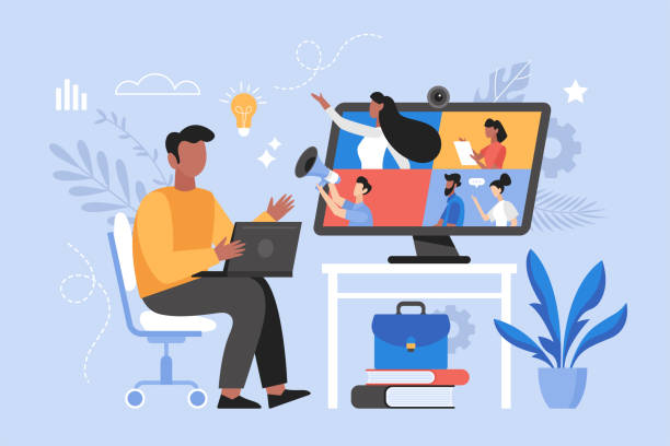 Online business meeting, and video conference concept.  Businessman working at home. Teamwork thinking and brainstorming vector illustration Online business meeting, and video conference concept.  Businessman working at home. Teamwork thinking and brainstorming vector illustration shareholders meeting stock illustrations