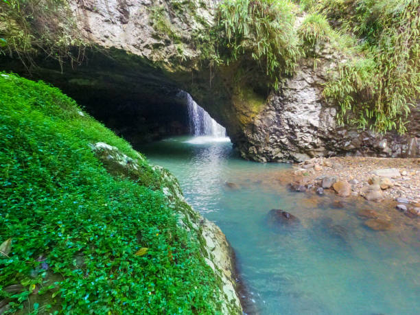 istock Looking down to the Natural Bridge Springbrook National Park.  Waterfall splashing into the beautiful fresh green water.  Green moss growing all over the rocks. Lush green foliage grown over the bank on the left. Gold Coast Hinterland Queensland Australia 1407831773