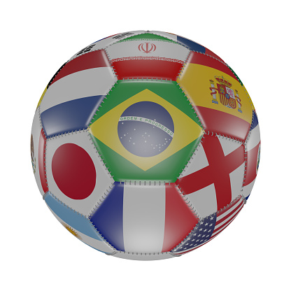 Brazil flag among other world flags on 3D soccer ball. Isolated on white. Qatar 2022. Render