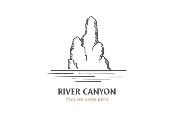 Vector illustration of Vintage Rock Stone Canyon Cliff with River Creek Lake emblem Design Vector