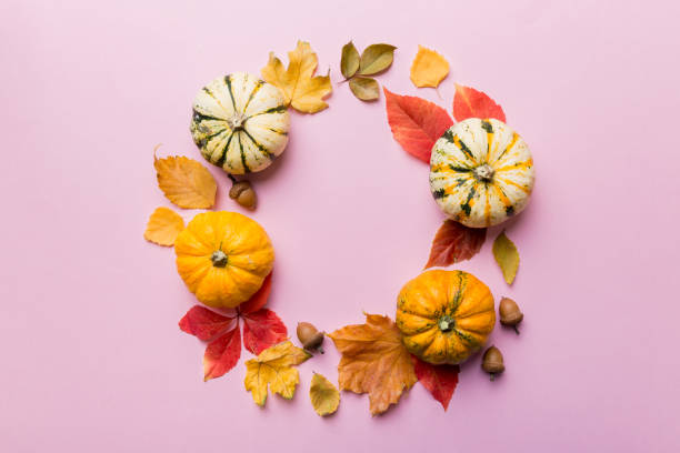 istock Autumn composition Pumpkins with fall leaves over coloredbackground. Top view with copy space 1407835627