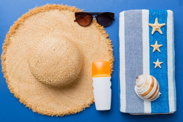 istock Summer vacation concept flat lay. beach accessories and towel top view. Space for text. travel concept 1407835655