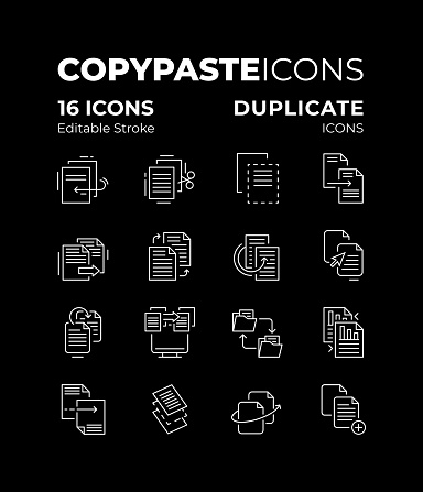 Copy paste icon set that you can use on websites, presentations and files. Duplicate icon set is designed to be editable in color and border thickness.