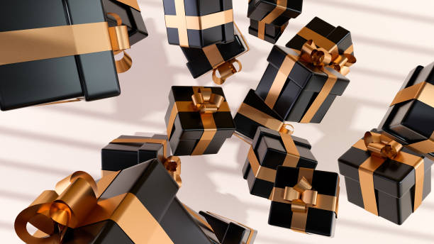 Many gifts with gold ribbon flying in the air casting a shadow on the wall, festive background - 3D rendering Many gifts with gold ribbon flying in the air casting a shadow on the wall, festive background - 3D rendering gift lounge stock pictures, royalty-free photos & images