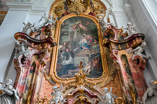 Ottobeuren, bavaria, germany, may 29, 2022 : altarand choirl decors of  Ottobeuren abbey basilica, by painters Johann Jakob Zeiller (1708-1783) et Franz Anton Zeiller (1716-1794)