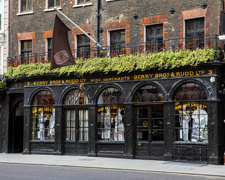 London, UK - August 12th 2021: The famous Berry Bros. and Rudd Wine merchants in central London, UK.