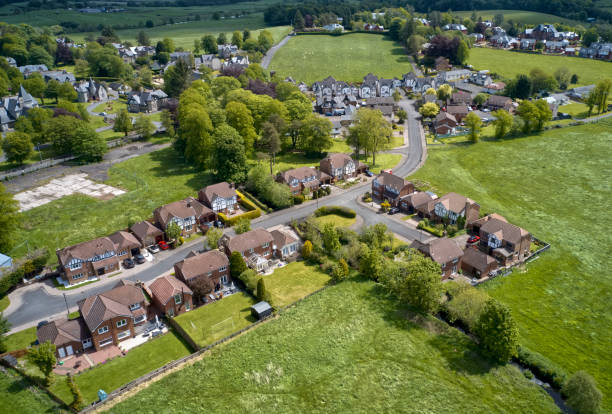 luxury countryside rural village aerial view from above in quarriers village in scotland - housing development house scotland uk imagens e fotografias de stock