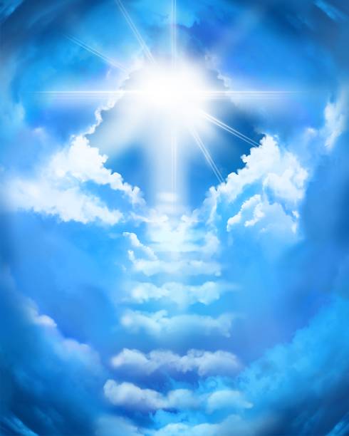 istock Illustration of a mysterious cloud staircase leading to the heavens and divine light shining from the heavens 1407843776