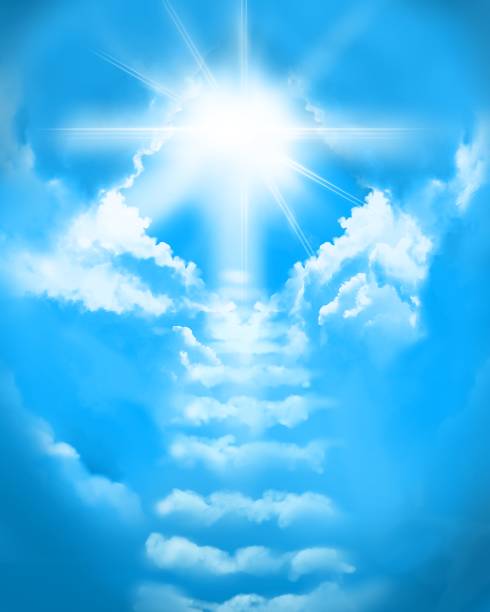 illustrazioni stock, clip art, cartoni animati e icone di tendenza di illustrazione di una misteriosa scala di nuvole che conduce al cielo e alla luce divina che splende dal cielo - sunbeam angel heaven blue