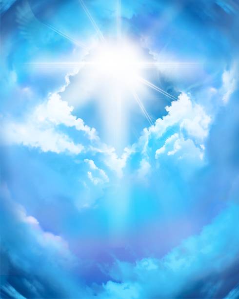 ilustraciones, imágenes clip art, dibujos animados e iconos de stock de ilustración de misteriosos remolinos de nubes que conducen a los cielos y la luz divina que brilla a través de las nubes - god spirituality sunbeam heaven