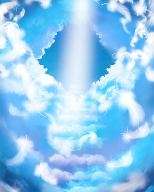 istock Mysterious illustration of a cloud staircase leading to the heavens, divine light shining from the heavens, and angel wings dancing 1407843822