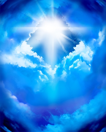 Illustration of mysterious cloud swirls leading to the heavens and divine light shining through the clouds