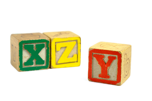 Vintage Distressed Toy Blocks, Letters X, Y, Z (with Y in focus). Green, Yellow, Red