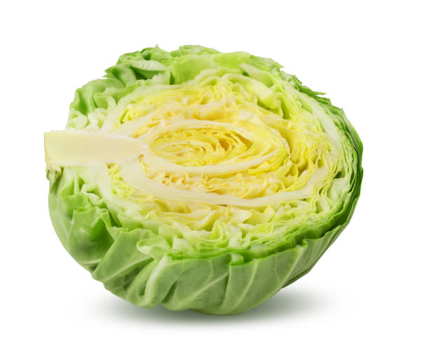 クリッピングパスを持つ白い背景に分離された半分のキャベツ - head cabbage ストックフォトと画像