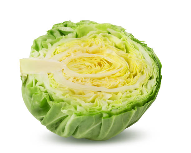 halved cabbage isolated on white background with clipping path - head cabbage imagens e fotografias de stock