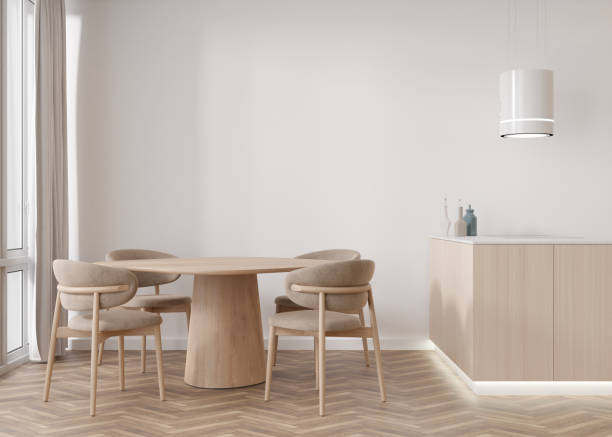 istock Empty white wall in modern living room. Mock up interior in scandinavian style. Free, copy space for your picture, text, or another design. Table with chairs. 3D rendering. 1407848304