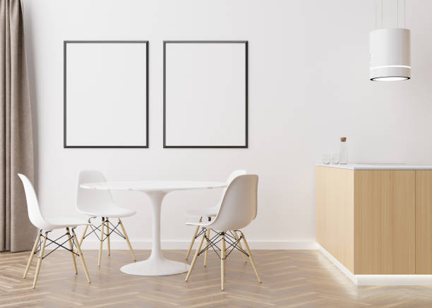 istock Two empty vertical picture frames on white wall in modern dining room. Mock up interior in contemporary, scandinavian style. Free space for picture, poster. Table, chairs. 3D rendering. 1407848306