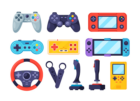 Gaming Joysticks And Gamepads For Entertainment And Video Games. Steering Wheel, Gaming Electronic Console, Gadgets Isolated Wireless Technology For Gaming And Cyberspace. Cartoon Vector Illustration