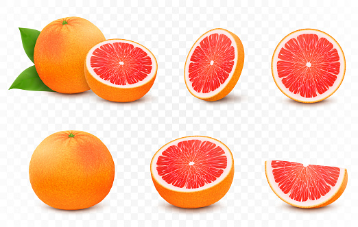 Set of fresh juicy grapefruit with leaves. Half, slice, and whole of citrus fruit, isolated on transparent background. Summer fruits for healthy lifestyle. Realistic 3d vector illustration