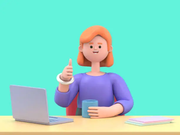 Photo of 3D illustration of smiling businesswoman Ellen -  happy, energetic woman working on computer in workplace.3D rendering on green background.
