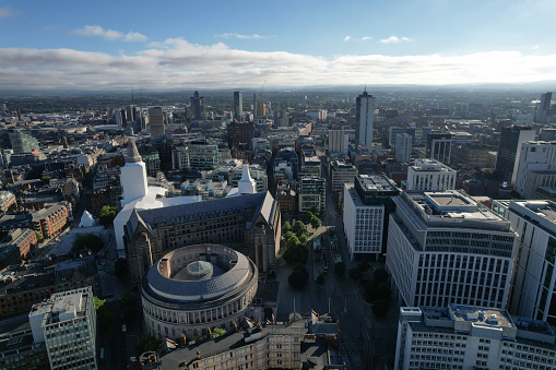 Manchester City Centre Drone Aerial View Above Building Work Skyline Construction Blue Sky Summer 2022 Town Hall