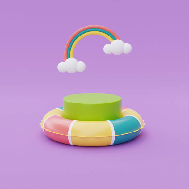 istock Colorful inflatable ring and display with rainbow floating on purple background, Summer time concept, 3d rendering. 1407855791