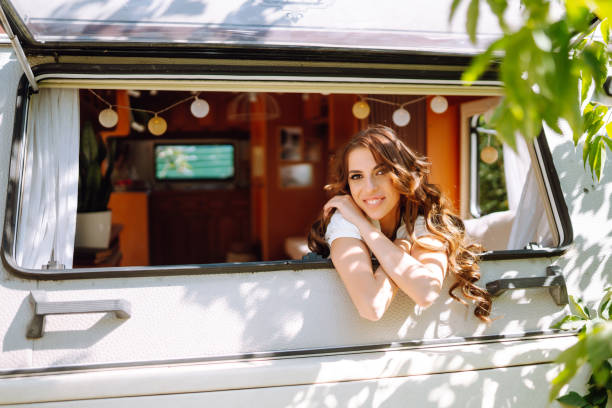 istock Beautiful stylish bride near trailer. 1407856455