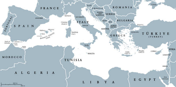 The Mediterranean Sea, countries and borders, gray political map The Mediterranean Sea, gray political map with international borders, countries and islands. Connected to the Atlantic Ocean, surrounded by the Mediterranean Basin, almost completely enclosed by land. levant map stock illustrations
