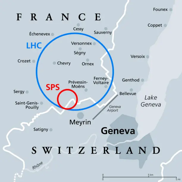 Vector illustration of Large Hadron Collider and Super Proton Synchrotron, gray political map