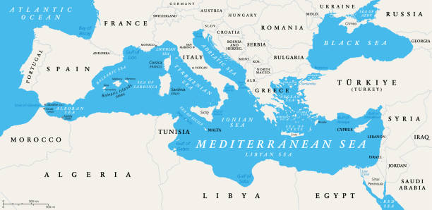 Mediterranean Sea subdivisions, political map, with the Black Sea The Mediterranean Sea subdivisions, political map with straits, countries and the Black Sea. Connected to the Atlantic Ocean, surrounded by the Mediterranean Basin, almost completely enclosed by land. balearic islands stock illustrations