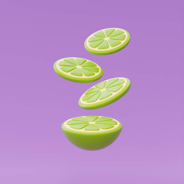 istock Slice of lemon floating isolate on purple background, summer fruits, 3d rendering. 1407856855