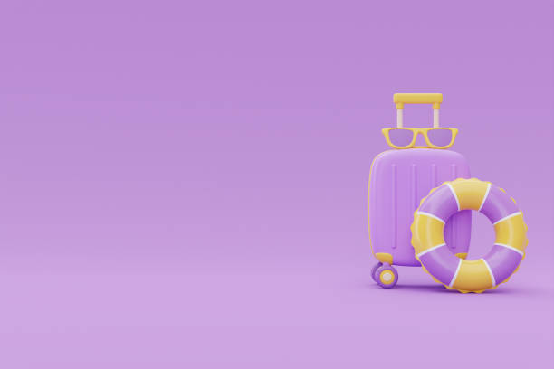 istock Summer time concept with suitcase and summer beach elements on purple background, 3d rendering. 1407857188