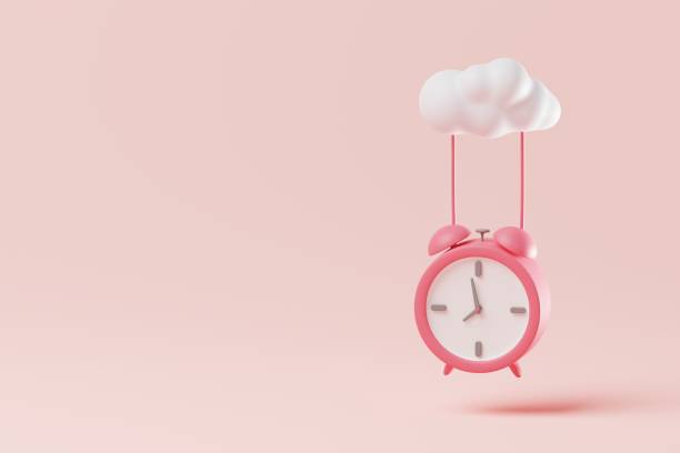 istock Minimal alarm clock hanging from cloud on pink. Time management concept. 3d rendering 1407857257