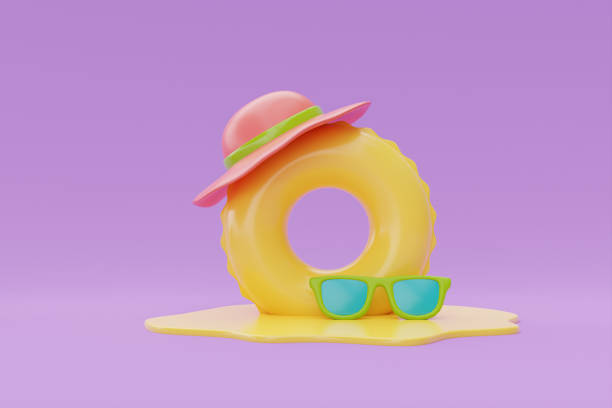 istock Summer time concept with inflatable ring and colorful summer beach elements on purple background, , 3d rendering. 1407858212