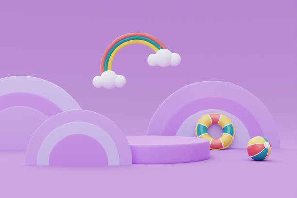 istock summer display with colorful summer beach elements on purple background, 3d rendering. 1407858341