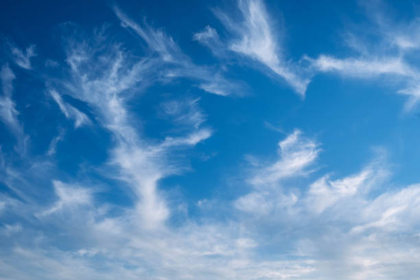 istock Summer blue sky, cirrus clouds, gradient light white background. Sunny air background. Blue landscape in the environment. 1407859338