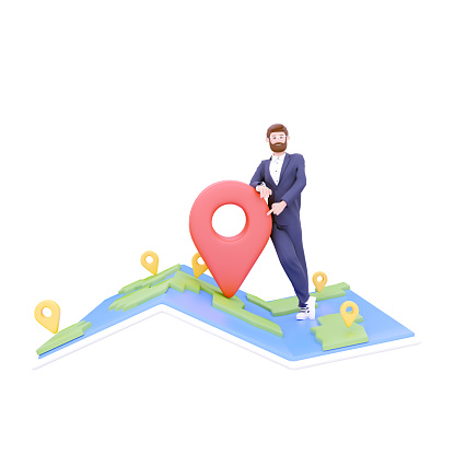 3d render Map location pin with businessman icon, Map location, navigation with man 3d renderin icon on white background illustration.