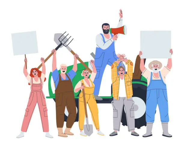 Vector illustration of A group of people in work overalls. A man on a tractor shouts into a bullhorn. Men and women protest. Isolated on white background.Flat vector illustration.