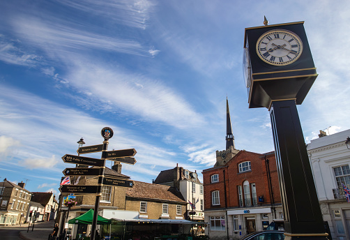 Market clock in Houghton and Wyton, Cambridgeshire, England, UK.