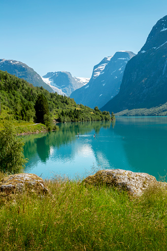 Landscape of Lodalen valley and Lovatnet lake in Norway