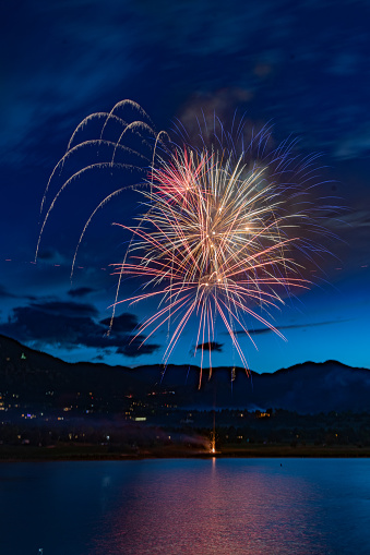 Fireworks display by lake in Colorado for July 4th Independence day celebration, Colorado Springs in western USA.