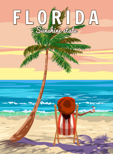 флорида бич ретро плакат. женщина в шезлонге с коктейлем в красной шляпе, пальма на пляже, побережье, прибой, океан. векторная иллюстрация ви - road street florida miami florida stock illustrations