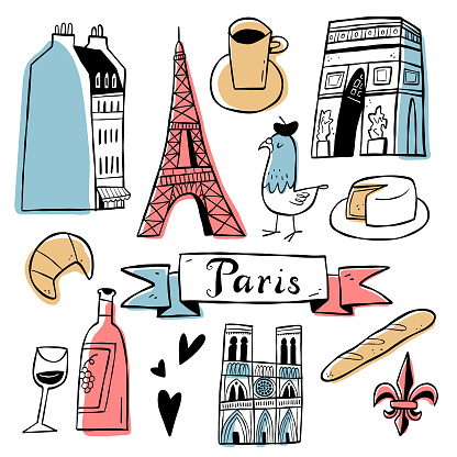 Cartoon sketches of iconic Parisian elements. Color on separate layer.