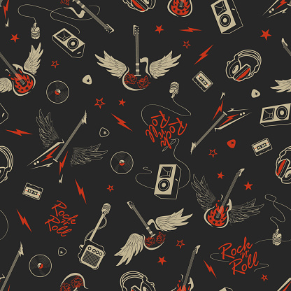 Vector Electric Rock and Roll with Winged Guitars in gray, red colored seamless pattern on Black background. Perfect for fabric, scrapbooking, wallpaper projects