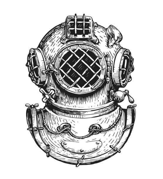 빈티지 다이버 헬멧 스케치. 바다 다이빙 개념. 오래된 조각 스타일로 그려진 해상 벡터 일러스트 레이 션 - 수중 잠수 stock illustrations